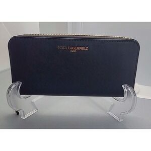 Karl Lagerfeld Paris Wallet Women Black Excellent Saffiano Leather Zip Around